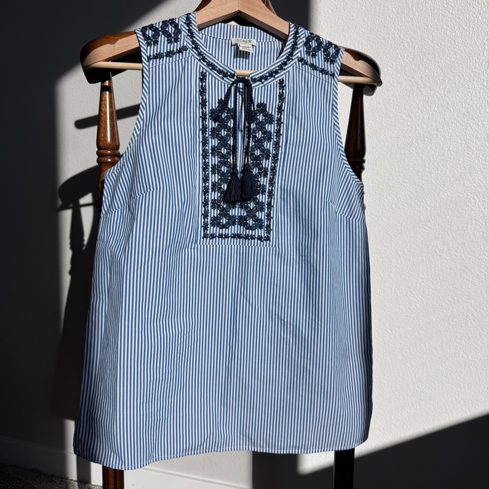 J.Crew Blue & White Striped Embroidered Sleeveless Top Coastal Resort Beach